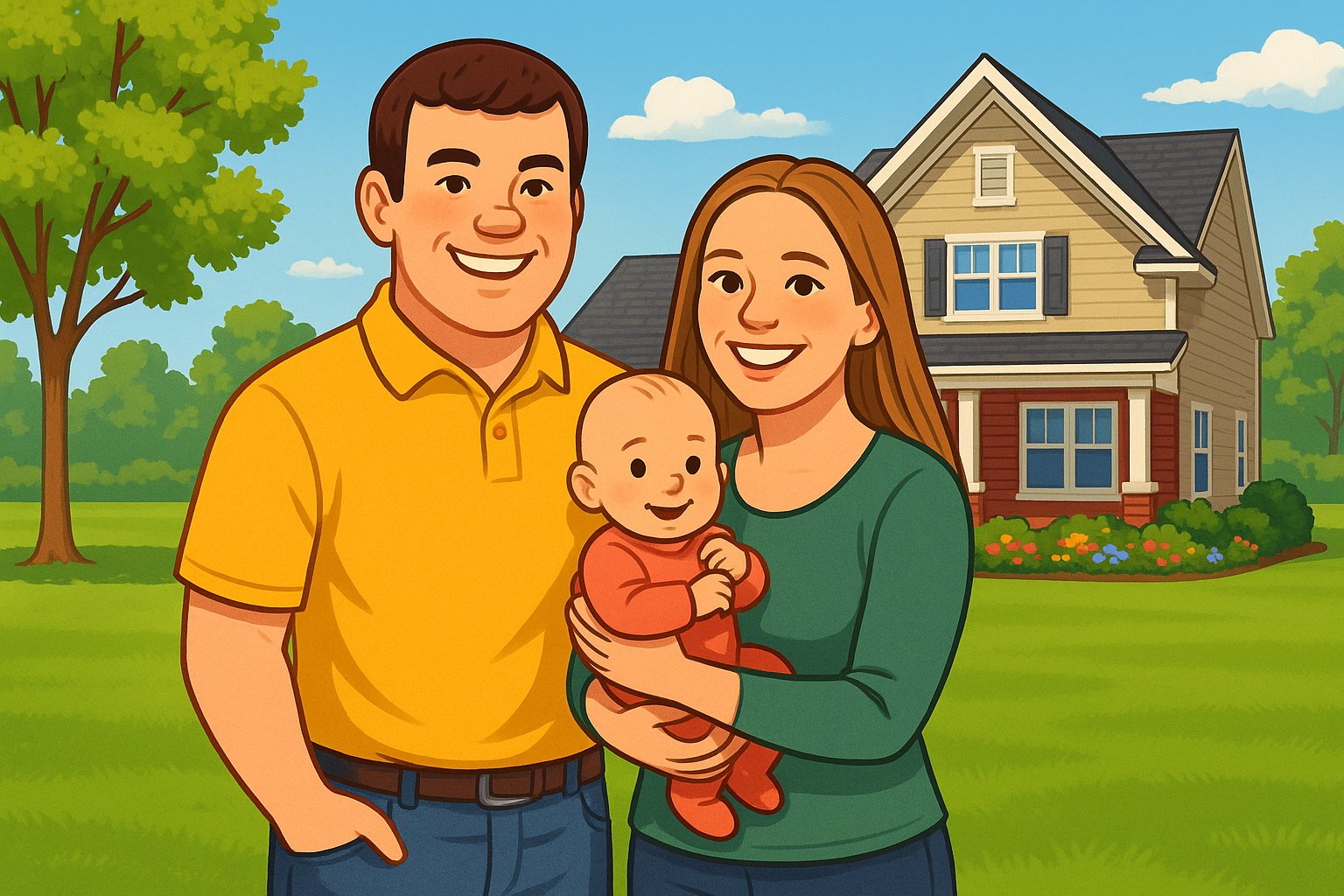 Cartoon-style illustration of a smiling young couple standing together on a lush green lawn in front of a beige suburban house with white trim and red accents. The man, wearing a bright yellow polo shirt and blue jeans, stands with one arm around the woman, who is holding a happy baby dressed in red. The background shows a large tree, blue sky with scattered clouds, and colorful flowers along the front of the house.